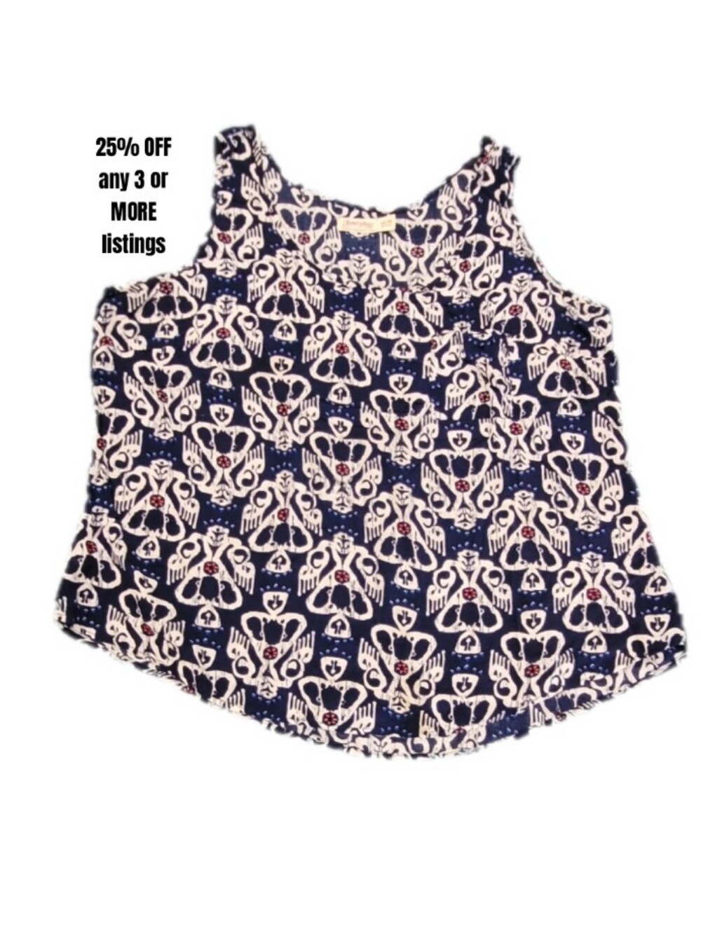Sleeveless Navy White Graphic Print Tank Top Lightweight Thin Boho Bohemian